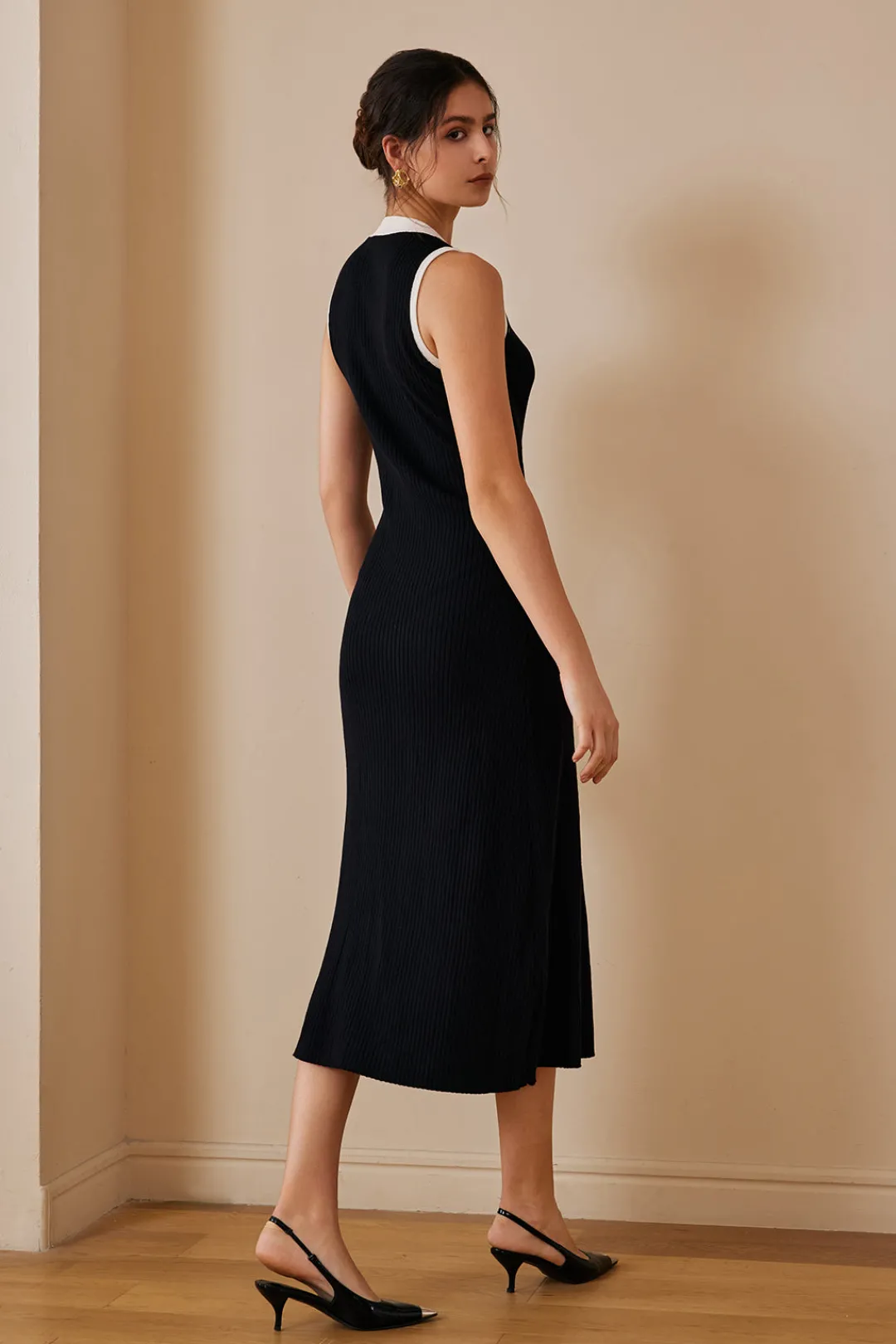 MICAS Knit Dresses-Contrast Knit Button Up Midi Dress Contrast Color