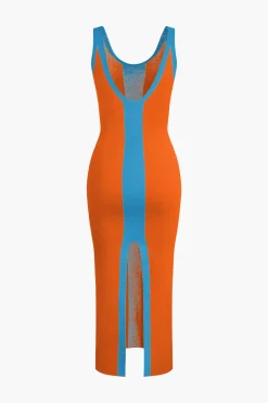 MICAS Knit Dresses-Contrast Knitted Slit Midi Dress