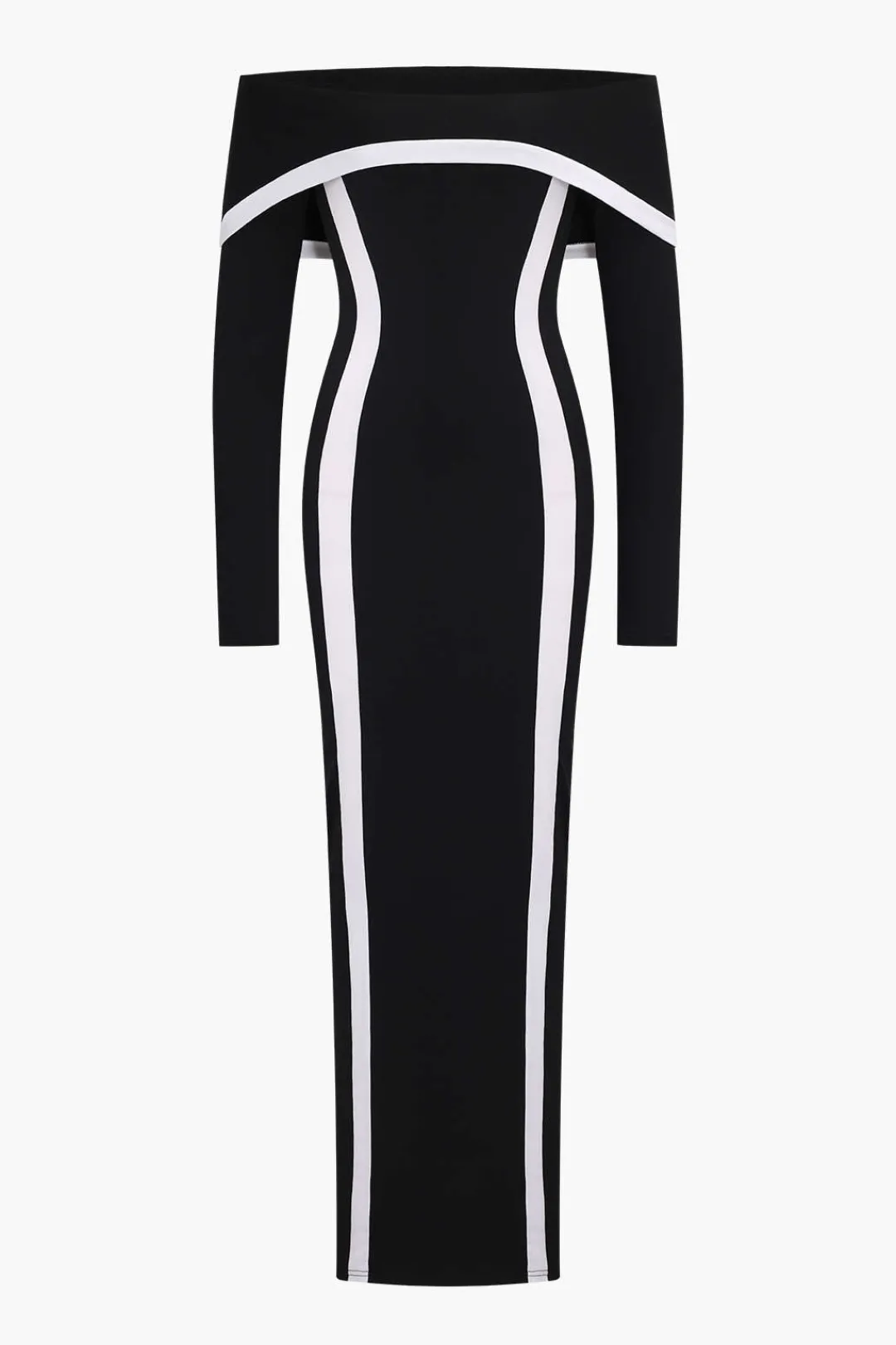 MICAS Long Sleeve Dresses|Maxi Dresses-Contrast Off Shoulder Long Sleeve Maxi Dress Contrast Color