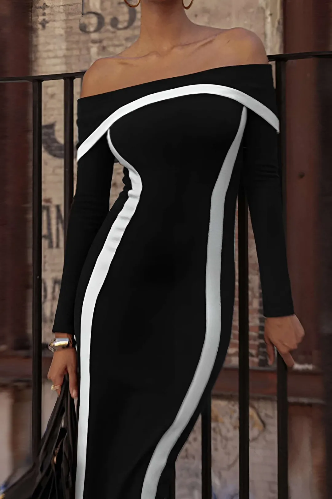 MICAS Long Sleeve Dresses|Maxi Dresses-Contrast Off Shoulder Long Sleeve Maxi Dress Contrast Color