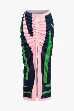 MICAS Skirt Sets|Vacation Sets-Contrast Ruched Slit Skirt Set MULTICOLOR
