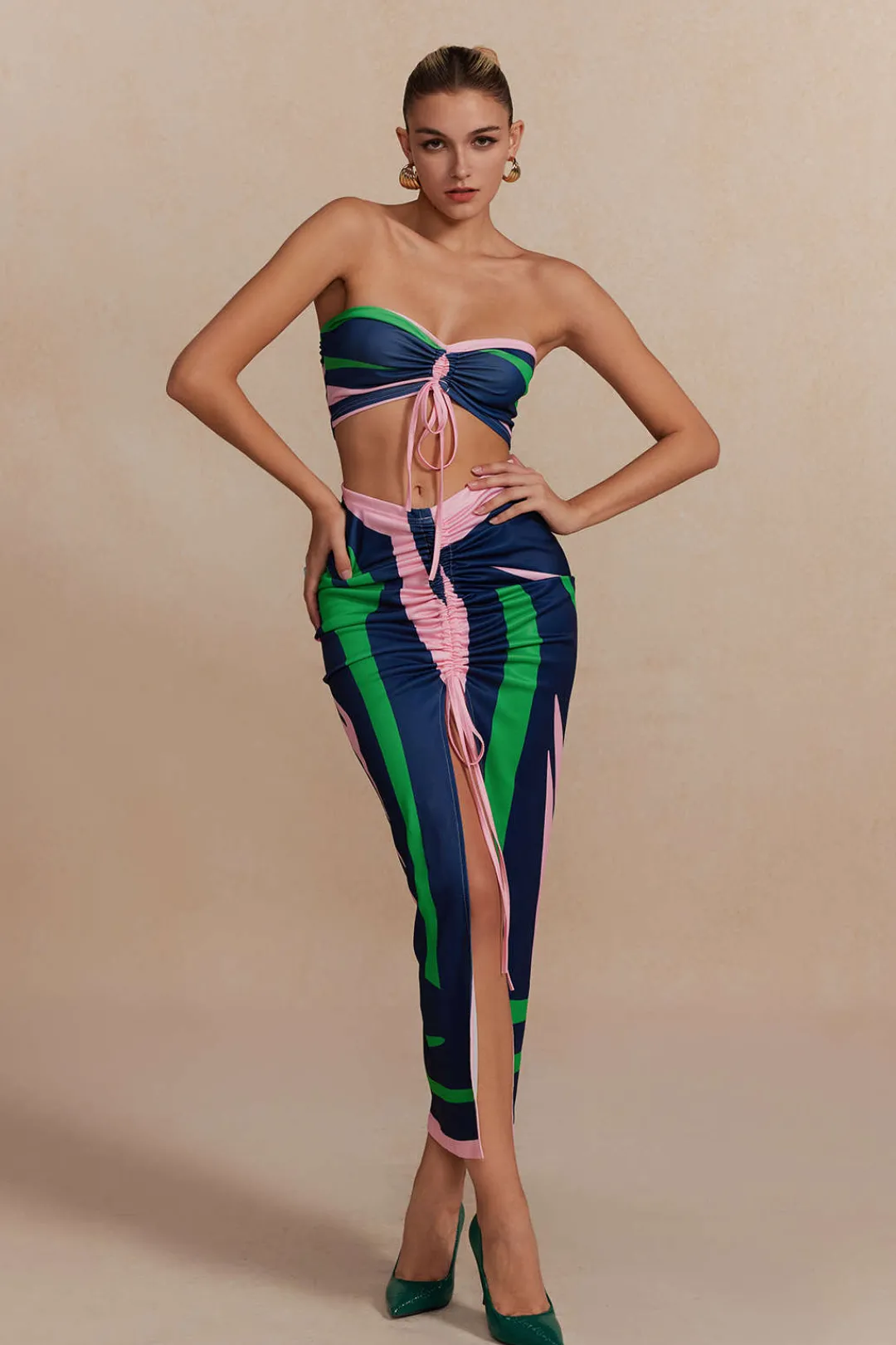MICAS Skirt Sets|Vacation Sets-Contrast Ruched Slit Skirt Set MULTICOLOR