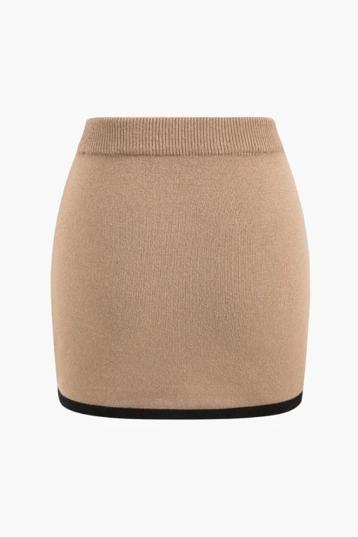 MICAS Knitwear|Knit Sets-Contrast Sweater And Skirt Set KHAKI