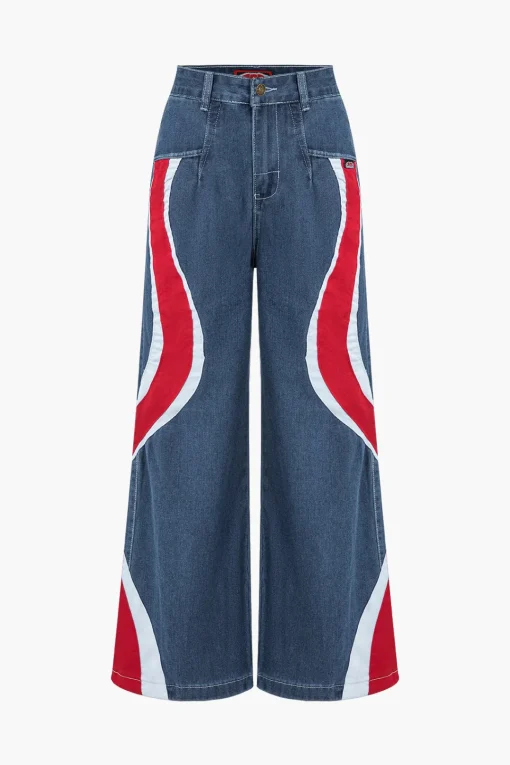 MICAS Jeans-Contrast Wave Pattern Wide Leg Jeans BLUE