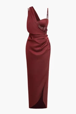 MICAS Maxi Dresses-Corset Slit Asymmetrical Maxi Dress BRICK