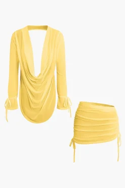 MICAS Skirt Sets|Vacation Sets-Cowl Neck Backless Tie Mesh Top And Asymmetrical Mini Skirt Set