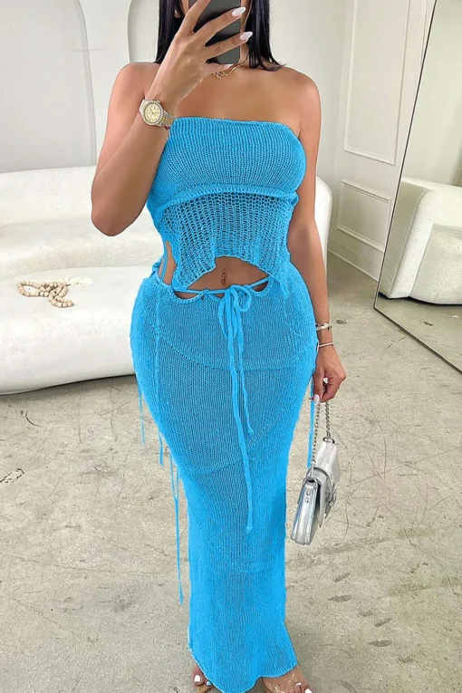 MICAS Skirt Sets|Vacation Sets-Crochet Backless Tube Top And Split Skirt Set