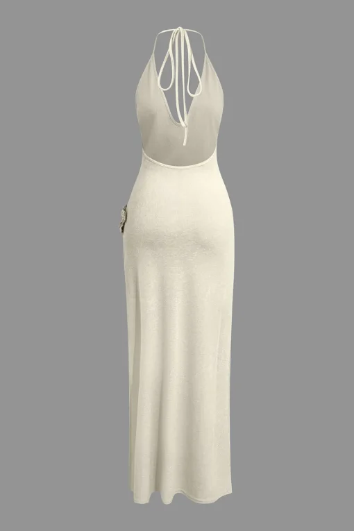 MICAS Maxi Dresses-3D Floral V-Neck Backless Slit Maxi Dress