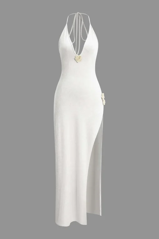 MICAS Maxi Dresses-3D Floral V-Neck Backless Slit Maxi Dress