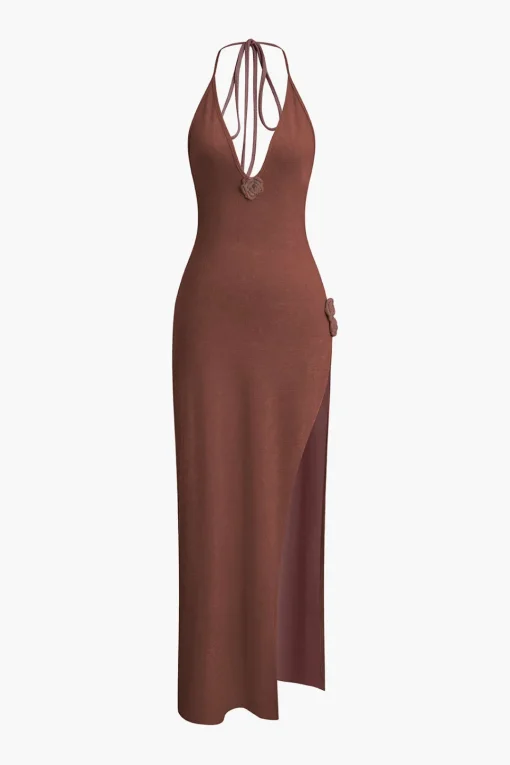 MICAS Maxi Dresses-3D Floral V-Neck Backless Slit Maxi Dress