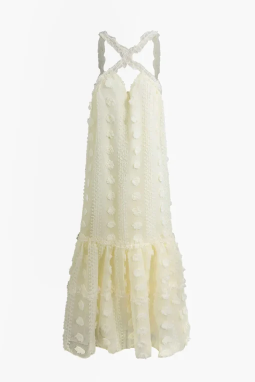 MICAS Maxi Dresses-3D Flower Cross Strap Tiered Maxi Dress BEIGE