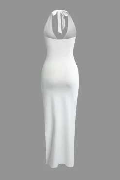 MICAS Midi Dresses-Deep-V Neck Halter Backless Slit Midi Dress