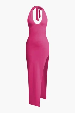 MICAS Midi Dresses-Deep-V Neck Halter Backless Slit Midi Dress