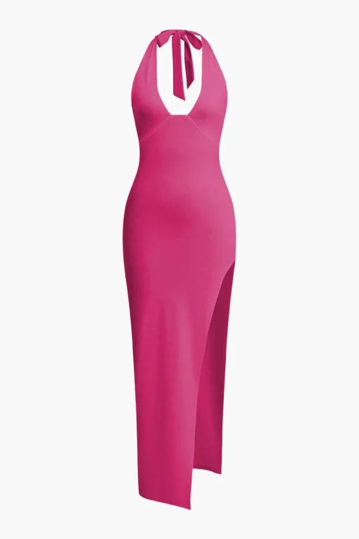 MICAS Midi Dresses-Deep-V Neck Halter Backless Slit Midi Dress