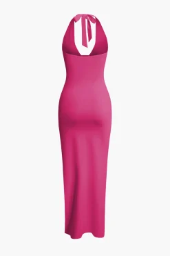 MICAS Midi Dresses-Deep-V Neck Halter Backless Slit Midi Dress