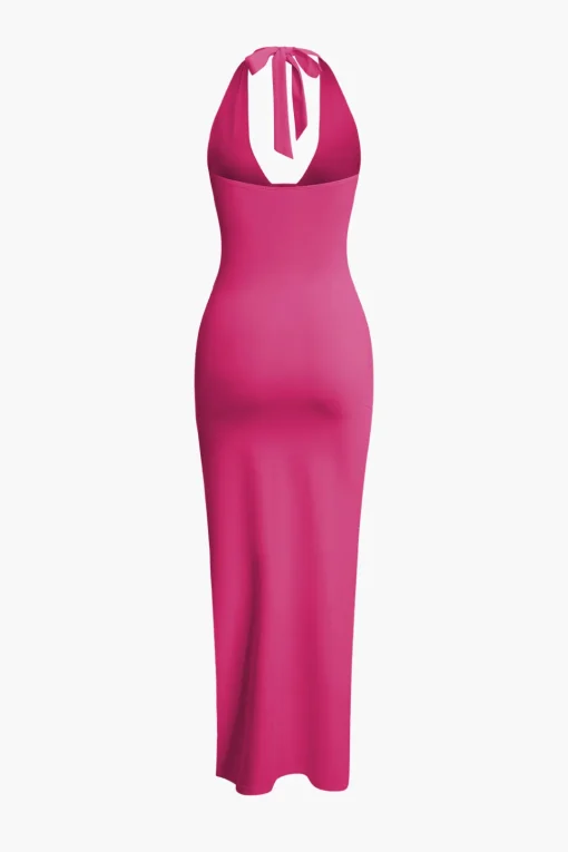 MICAS Midi Dresses-Deep-V Neck Halter Backless Slit Midi Dress