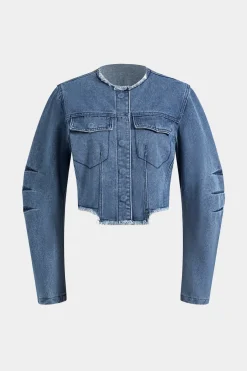 MICAS Outerwear|Outerwear-Denim Patchwork Button Round Neck Pocket Outerwear DARK WASH BLUE