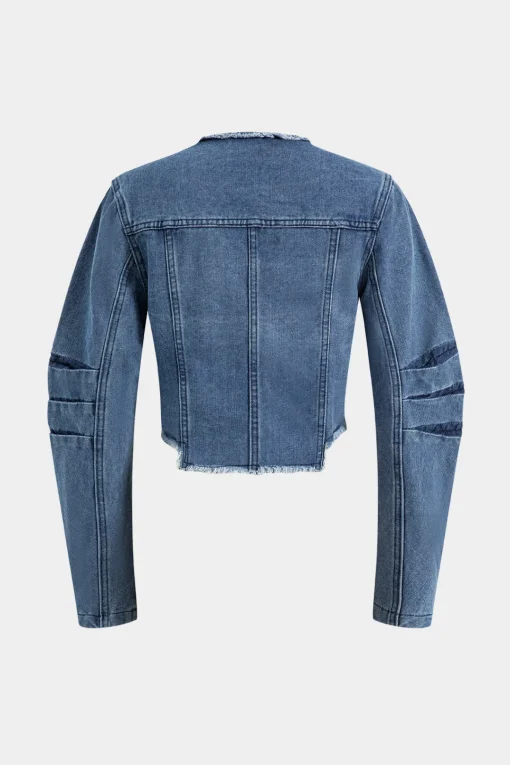 MICAS Outerwear|Outerwear-Denim Patchwork Button Round Neck Pocket Outerwear DARK WASH BLUE