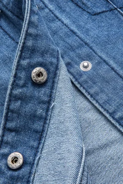 MICAS Outerwear|Outerwear-Denim Patchwork Button Round Neck Pocket Outerwear DARK WASH BLUE