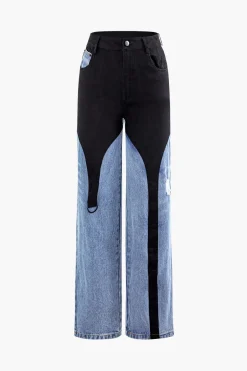 MICAS Jeans-Denim Patchwork Straight Leg Jeans BABY BLUE
