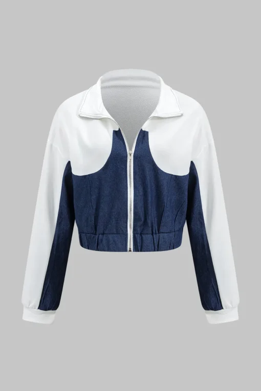 MICAS Pant Sets-Denim Zipper Patchwork Jacket And Trousers Set
