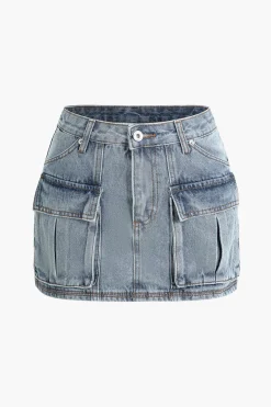 MICAS Skirts-Faded Flap Pocket Cargo Denim Mini Skirt