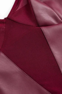 MICAS Bodysuits-Faux Leather Mesh Patchwork Sleeveless Bodysuit BURGUNDY