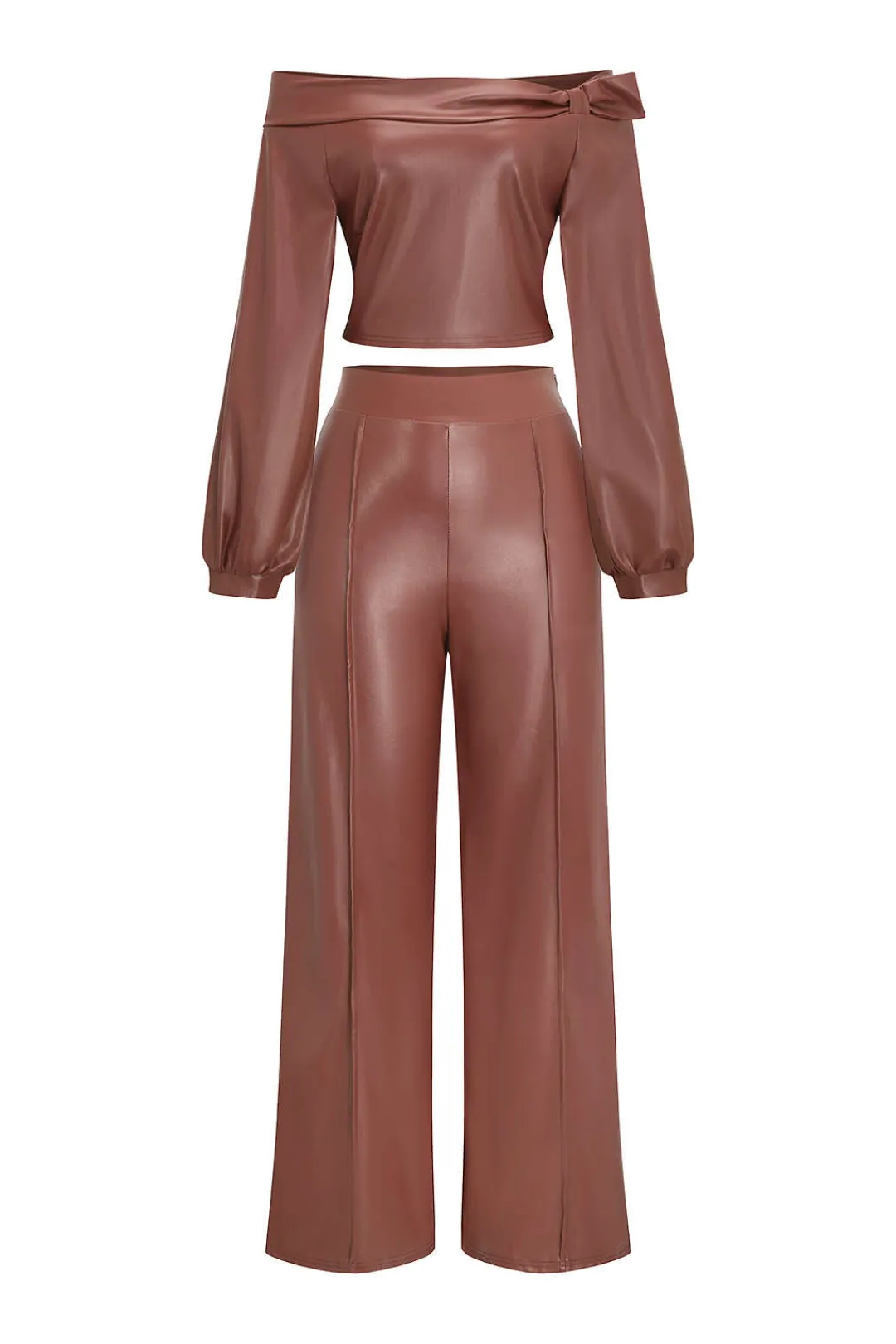 MICAS Pant Sets-Faux Leather Off Shoulder Top And Wide Leg Trousers Set LIGHT CORAL