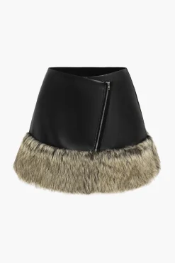 MICAS Skirts-Faux Leather Patchwork Fur Skirt BLACK