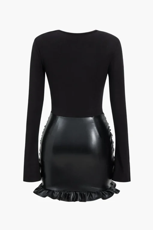 MICAS Long Sleeve Dresses|Mini Dresses-Faux Leather Patchwork Ruffle Ruched Long Sleeve Mini Dress BLACK