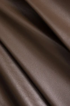 MICAS Mini Dresses-Faux Leather Ruched Zipper V-Neck Mini Dress BROWN