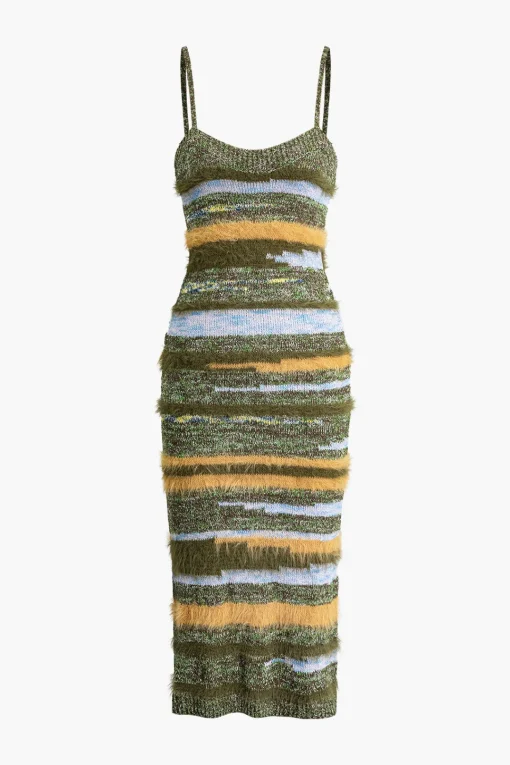 MICAS Knitwear|Knit Dresses-Feather Detail Stripe Cami Knit Midi Dress