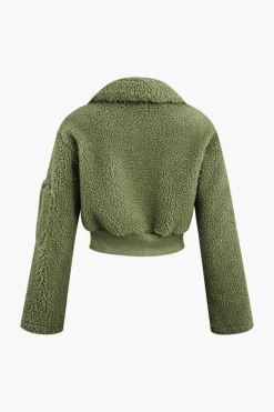 MICAS Pant Sets-Fleece Collar Flap Pocket Zip Up Long Sleeve Top And Straight Leg Cargo Pants Set