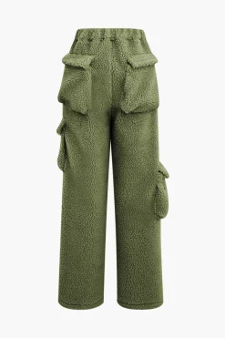 MICAS Pant Sets-Fleece Collar Flap Pocket Zip Up Long Sleeve Top And Straight Leg Cargo Pants Set