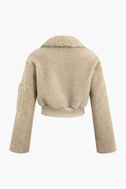 MICAS Pant Sets-Fleece Collar Flap Pocket Zip Up Long Sleeve Top And Straight Leg Cargo Pants Set