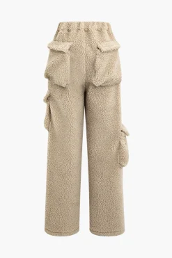 MICAS Pant Sets-Fleece Collar Flap Pocket Zip Up Long Sleeve Top And Straight Leg Cargo Pants Set