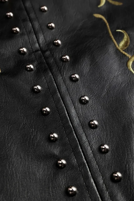 MICAS Outerwear|Outerwear-Floral Embroidery Faux Leather Zipper Long Sleeve Jacket BLACK