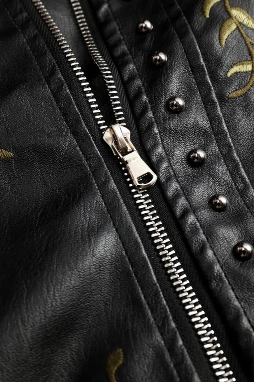 MICAS Outerwear|Outerwear-Floral Embroidery Faux Leather Zipper Long Sleeve Jacket BLACK