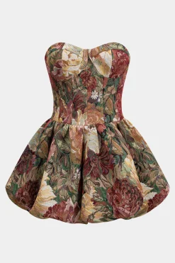 MICAS Mini Dresses-Floral Jacquard Strapless Sleeveless Mini Dress BURGUNDY