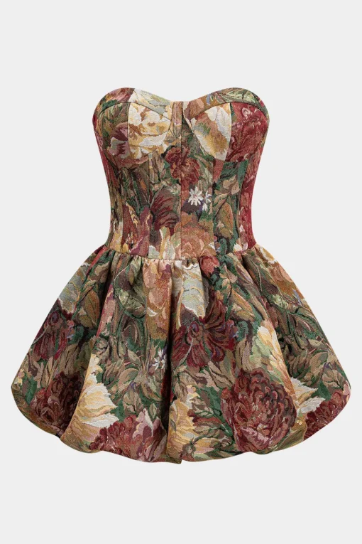 MICAS Mini Dresses-Floral Jacquard Strapless Sleeveless Mini Dress BURGUNDY