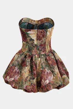 MICAS Mini Dresses-Floral Jacquard Strapless Sleeveless Mini Dress BURGUNDY