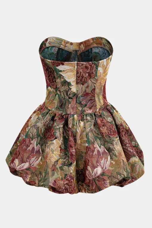 MICAS Mini Dresses-Floral Jacquard Strapless Sleeveless Mini Dress BURGUNDY