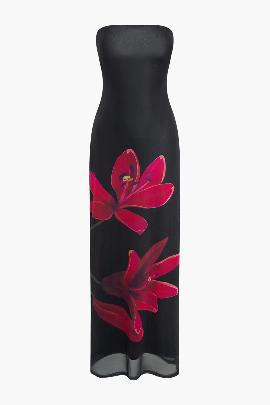 MICAS Maxi Dresses-Floral Print Backless Tie Mesh Strapless Maxi Dress BLACK