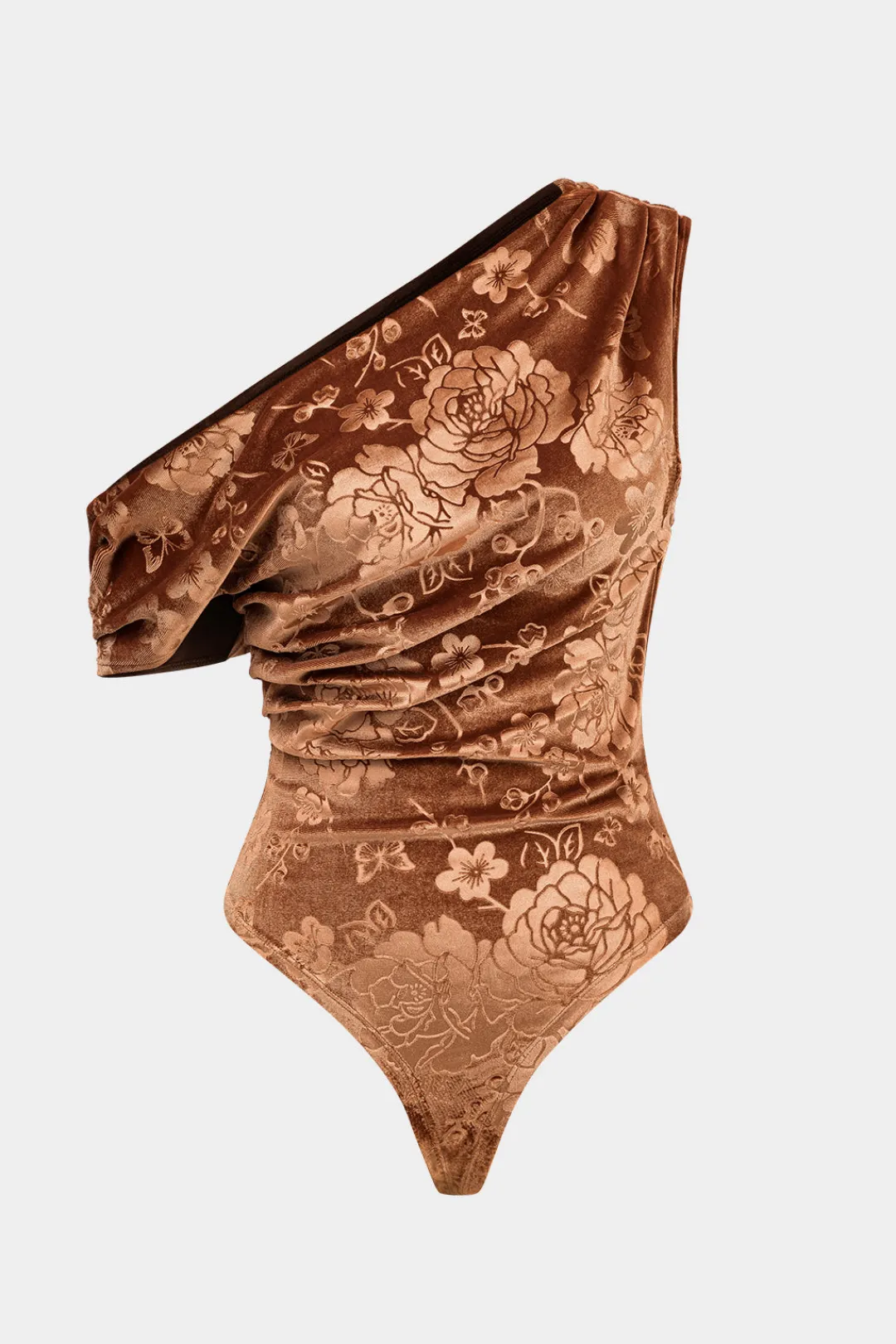 MICAS Bodysuits-Floral Print Velvet Asymmetrical Bodysuit ORANGE