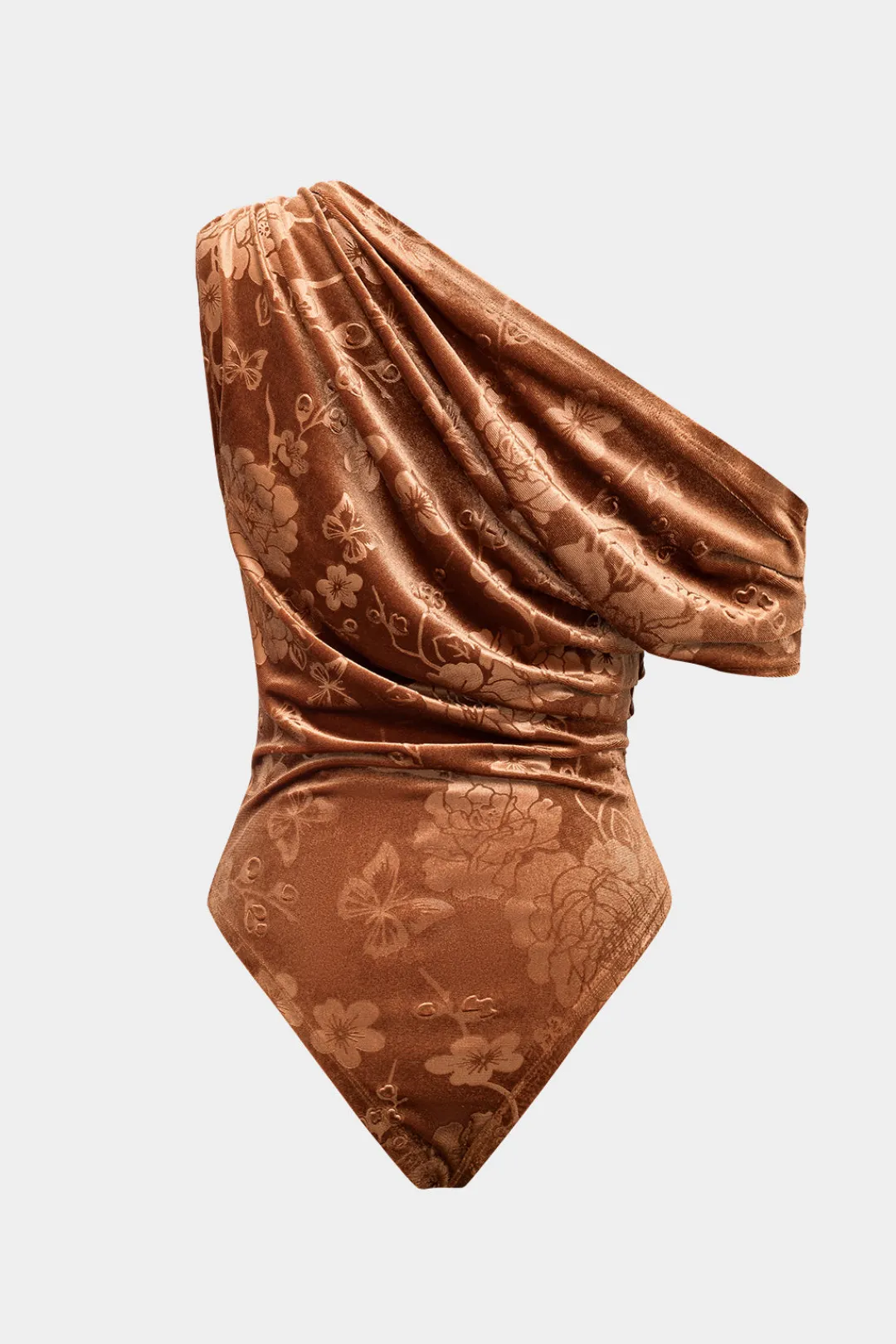 MICAS Bodysuits-Floral Print Velvet Asymmetrical Bodysuit ORANGE