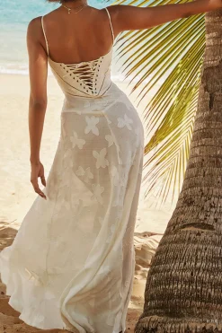 MICAS Maxi Dresses-Flower Textured Braided Tie Back Slip Maxi Dress WHITE