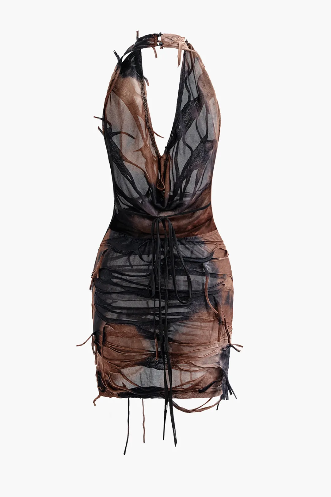 MICAS Mini Dresses-Halter Backless Distressed Mini Dress