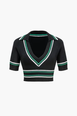 MICAS Knit Tops-Knit Color Block V-neck Short-Sleeve Top