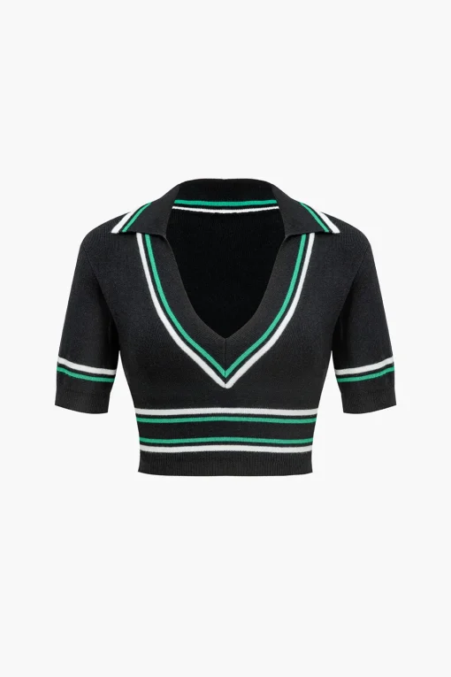 MICAS Knit Tops-Knit Color Block V-neck Short-Sleeve Top