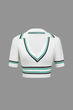 MICAS Knit Tops-Knit Color Block V-neck Short-Sleeve Top
